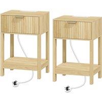 HOMCOM Modern Fluted Nightstand Set of 2, Bedside Table with Charging Station, Drawer and Open Shelf for Bedroom, Oak
