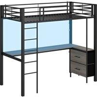 HOMCOM Metal Bunk Bed with Desk, High Sleeper Bed with LED Light and Safety Guardrail for Teens Adults, No Box Spring Needed