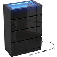 HOMCOM High Gloss 4 Drawer Chest of Drawers with Glass Top and RGB LED Lights, Dresser w/ Jewelry Organizer, APP Control, Black