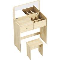 HOMCOM Vanity Desk with Mirror Dressing Table Drawer Set 6 Compartments Storage Stool White and Oak