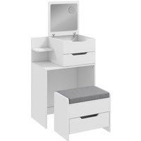 HOMCOM Vanity Desk Flip Top Hidden Mirror Vanity Rolling Stool Open Shelf White Wood Effect