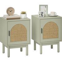 HOMCOM Set of 2 Rattan Bedside Tables, Boho Nightstands with Solid Wood Legs and Storage Cabinet for Living Room, Bedroom, Accent End Side Table, Light Green