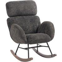 HOMCOM Upholstered Rocking Chair Adjustable Headrest Rocker Chair Raindrop Velvet Rubberwood Base Dark Grey