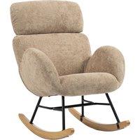 HOMCOM Upholstered Rocking Chair Adjustable Headrest Rocker Chair Raindrop Velvet Rubberwood Base Light Brown