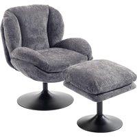 HOMCOM Modern Chenille Lazy Chair with Ottoman, 360 Swivel, Upholstered Reading Seat Set for Living Room, Dark Grey