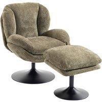 HOMCOM Modern Chenille Lazy Chair with Ottoman, 360 Swivel, Upholstered Reading Seat Set for Living Room, Dark Green