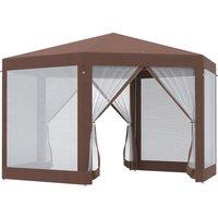 Outsunny Hexagonal Garden Gazebo Patio Party Outdoor Canopy Tent Sun Shelter with Mosquito Netting and Zipped Door, Brown