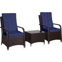 Outsunny 3 Pieces Outdoor Rattan Bistro Set, Patio Wicker Balcony Furniture with Steel Frame, Conservatory Set w/ 2 Cushioned Chair, Coffee Table & Cover, Dark Blue
