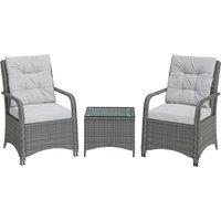 Outsunny 3 Pieces Rattan Bistro Set, Wicker Garden Furniture Set with Metal Frame, Cover, Glass Top Coffee Table, Light Grey