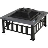 Outsunny Metal Large Firepit Outdoor Square Fire Pit Brazier w/ Rain Cover, Lid, Log Grate for Backyard, Camping, BBQ, Bonfire, 86 x 86 x 54cm, Black