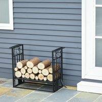 HOMCOM Vintage Style Powder Coated Steel Firewood Log Rack Holder w/ Shovel Broom Poker Tong Tools Hooks Indoor Outdoor Home Storage Black Aosom UK
