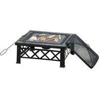 Outsunny 3 in 1 Square Fire Pit Square Table Metal Brazier for Garden, Patio with BBQ Grill Shelf, S