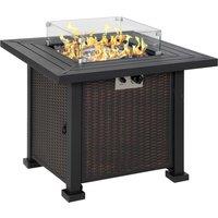 Outsunny Square Propane Gas Fire Pit Table, 50000 BTU Rattan Smokeless Firepit Patio Heater w/ Glass Screen, Beads, Lid, 82cm x 82cm x 66cm Aosom UK