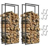 Outsunny Firewood Log Rack Set of 2, Retractable Metal Wood Store Holder, Indoor Outdoor Fireplace Log Storage Shelf with Hooks, 65 x 25 x 150 cm, Black