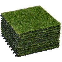 Outsunny 10-Piece Artificial Grass Set, Weatherproof Turf Tiles, 25mm Pile Height, Outdoor Carpet for Garden, Balcony & Patio, 30 x 30cm, Dark Green