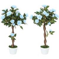 Outsunny Set of 2 Artificial Plants White Rose Floral in Pot, Fake Plants for Home Indoor Outdoor Decor, 90cm, Light Blue
