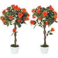 Outsunny Set of 2 Artificial Plants White Rose Floral in Pot, Fake Plants for Home Indoor Outdoor Decor, 90cm, Orange