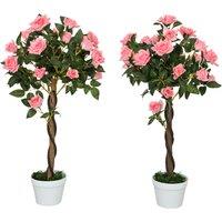 Outsunny Set of 2 Artificial Plants Pink Rose Floral in Pot, Fake Plants for Home Indoor Outdoor Decor, 90cm