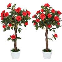Outsunny Set of 2 Artificial Plants White Rose Floral in Pot, Fake Plants for Home Indoor Outdoor Decor, 90cm, Red
