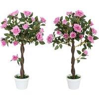 Outsunny Set of 2 Artificial Plants White Rose Floral in Pot, Fake Plants for Home Indoor Outdoor Decor, 90cm, Purple
