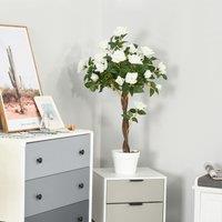 Outsunny 90cm/3FT Artificial Rose Tree Fake Decorative Plant w/ 21 Flowers Pot Indoor Outdoor Faux Decoration Home Office Dcor White Green Aosom UK