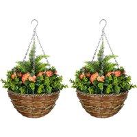 Outsunny Pack of 2 Faux Plant Artificial Lisianthus Flowers Hanging Planter with Basket for Indoor Outdoor Decoration, Orange