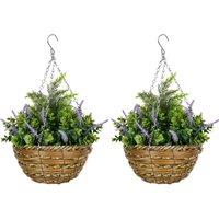 Outsunny 2 PCs Artificial Lisianthus Flower Hanging Planter with Basket for Indoor Outdoor Decoration, Purple