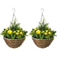 Outsunny Pack of 2 Faux Plant Artificial Lisianthus Flowers Hanging Planter with Basket for Indoor Outdoor Decoration, Yellow