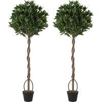 Outsunny Realistic Lush Topiary Ball Tree, Artificial Bay Laurel Topiary Trees with Weighted Pot, Set of 2, Green