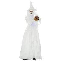 Outsunny 72 Inch Halloween Decorations White Witch Holding Pumpkin Head, Standing Skeleton Ghost Prop Life Size, Motion Activated Light Up Eyes Body