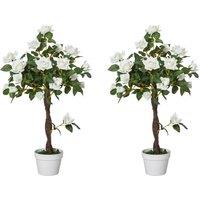 Outsunny Set of 2 Artificial Plants White Rose Floral in Pot, Fake Plants for Home Indoor Outdoor Decor, 90cm Aosom UK