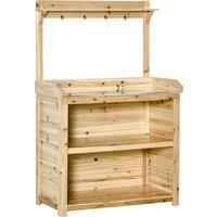 Outsunny Garden Potting Bench Table, Wooden Workstation Bench w/ Galvanized Metal Tabletop, Storage Shelves and Hooks, Natural