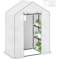 Outsunny Walk-in Greenhouse with 3 Tier 4 Shelves, Small Greenhouse with Reinforced PE Cover, Roll-up Door and Windows, 143 x 74 x 190 cm, White