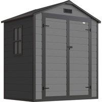 Outsunny 6'x4.5' Garden Storage Shed, Lockable Garden Shed with Double Doors, Window, Vent and Plastic Roof, Dark Grey