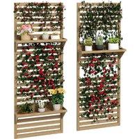 Outsunny Wall Mounted Plant Stands Set of 2, Fir Wood Flower Stand with Shelves and Slatted Trellis for Patio, Balcony, Porch