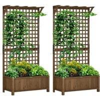 Outsunny 2 Pcs Raised Bed with Drainage Holes, Wood Planter with Trellis for Climbing Plants to Grow Vegetables, Flowers, Brown Aosom UK