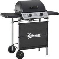 Outsunny 2 Burner Gas BBQ Trolley with Lid, 5.6 kW Gas Barbecue Grill with Wheels, Side Shelves, Grey