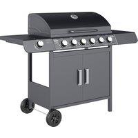 Outsunny 6+1 Burner Gas BBQ Grill, Outdoor Barbecue Trolley with Wheels, Warming Rack, Side Shelves, Cabinet, Thermometer for Garden, Party, Camping, 135 x 51.5 x 100cm, Grey