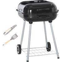 Outsunny Portable BBQ Charcoal Grill with 2 Wheels and Cooking Utensils, Smoker Grill with Lid for Outdoor Barbecues, Camping, Picnic, Courtyard