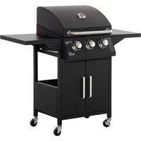 Outsunny 3 Burner Gas BBQ Grill Outdoor Portable Barbecue Trolley w/ Warming Rack, Side Shelves, Sto