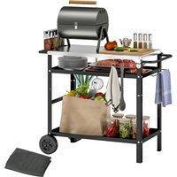 Outsunny BBQ Trolley with Stainless Steel Top Adjustable Shelf, Outdoor Kitchen BBQ Station with Hooks Seasoning Tray Towel Rack, Pizza Oven Table Movable Outdoor Grill Dining Cart with Cover, Black