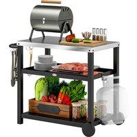 Outsunny Outdoor Grill Dining Cart 3-Shelf Movable Pizza Oven Table Stand with Stainless Steel Top, Portable BBQ Trolley Food Prep Outdoor Kitchen BBQ Station with Hooks Wheels Handle, Charcoal Grey