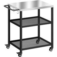Outsunny Outdoor Grill Cart with Stainless Steel Tabletop, 3-Tier Pizza Oven Stand with Adjustable Shelf, Hooks, Wheels, Black