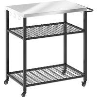 Outsunny Outdoor Grill Cart with Stainless Steel Tabletop, 3-Tier Pizza Oven Stand with 2 Shelves, 6 Hooks, Wheels, Black