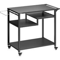 Outsunny Outdoor Grill Cart, Three-Tier Pizza Oven Stand with Steel Tabletop, Hooks, Rubbish Bag Holder, Wheels, Black