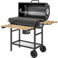 Outsunny Charcoal Grill, Barrel BBQ Smoker with Warming Rack, Charcoal BBQ Grill with Foldable Shelves, Natural Wood and Black