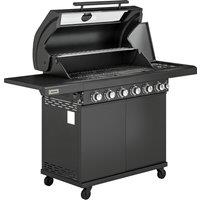 Outsunny 6+1 Burner Gas BBQ Grill, Outdoor Barbecue Trolley with Wheels, Warming Rack, Thermometer, Bottle Opener, Black