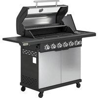 Outsunny 6+1 Burner Gas BBQ Grill, Outdoor Barbecue Trolley with Wheels, Warming Rack, Thermometer, Bottle Opener, Silver Tone