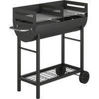 Outsunny Charcoal Barbecue Grill with 2 Cooking Areas, Portable BBQ Trolley with Wheels, Height Adjustable Grates, Bottom Shelf