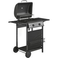 Outsunny Gas Burner Barbecue Grill, 2 Burner Gas Grill with Side Tables, Warming Rack, Shelf, Thermometer, Grease Tray, Black